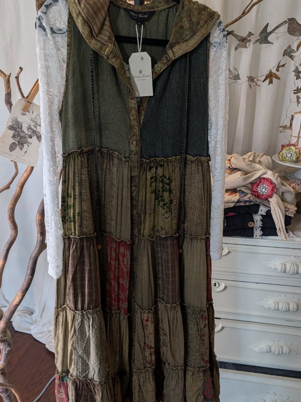Boho Patchwork Tiered Button-Front Maxi Dress / Duster-GRAVEL(NEW COLOR) - Picture 4 of 6